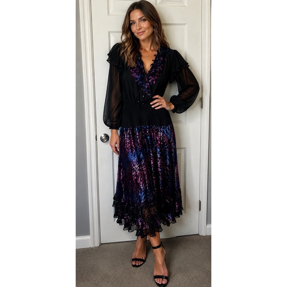 Vtg Diane Freis Silk Velvet Burnout Maxi Dress 80s Boho Art to Wear Whimsy Goth